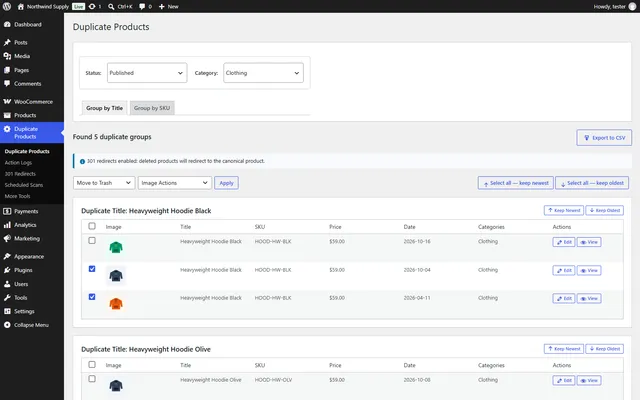 "Select all – keep newest" marks every copy in one click