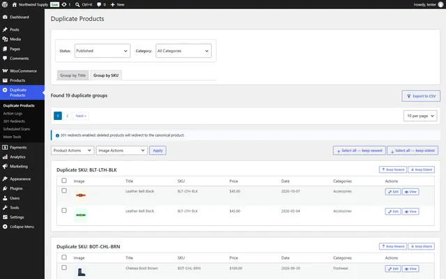 Group by exact SKU to find renamed copies