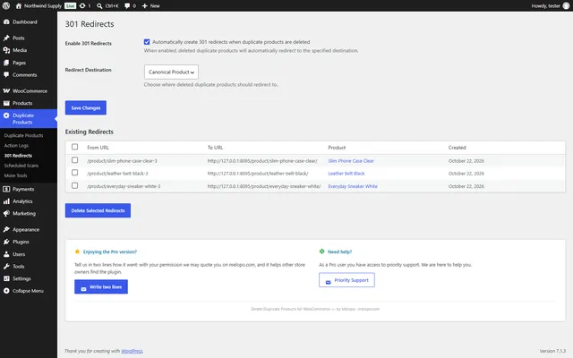 301 redirects from the deleted copies