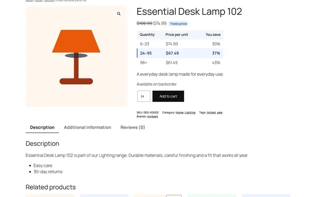 Quantity tiers on the product