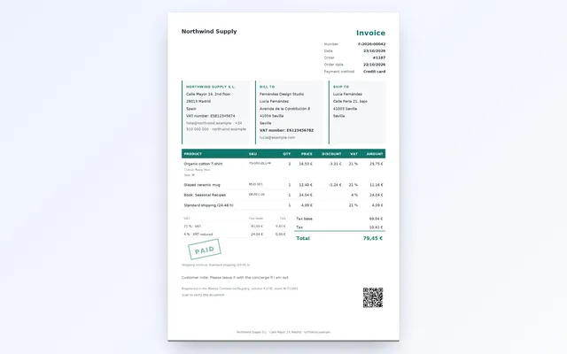 Factura en PDF, diseño clásico