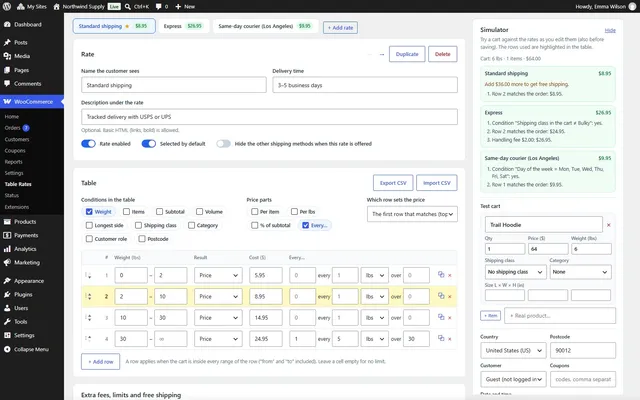 Rate table and simulator