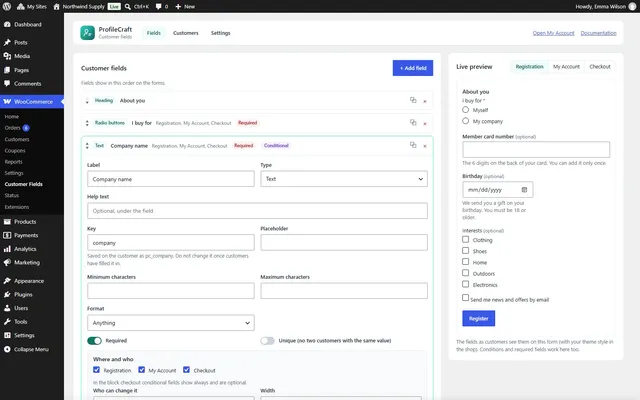 Fields with live preview