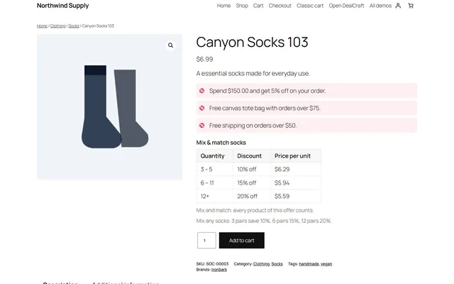 Pricing table on the product page