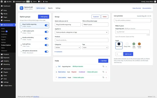 Option groups with live preview
