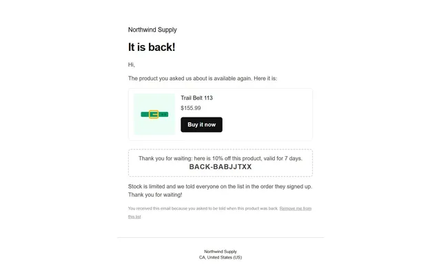 Back in stock email with coupon