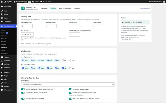 Settings with live preview