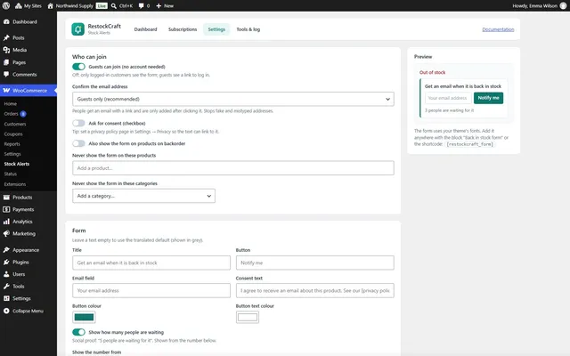 Settings with live preview