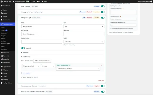 Custom order fields