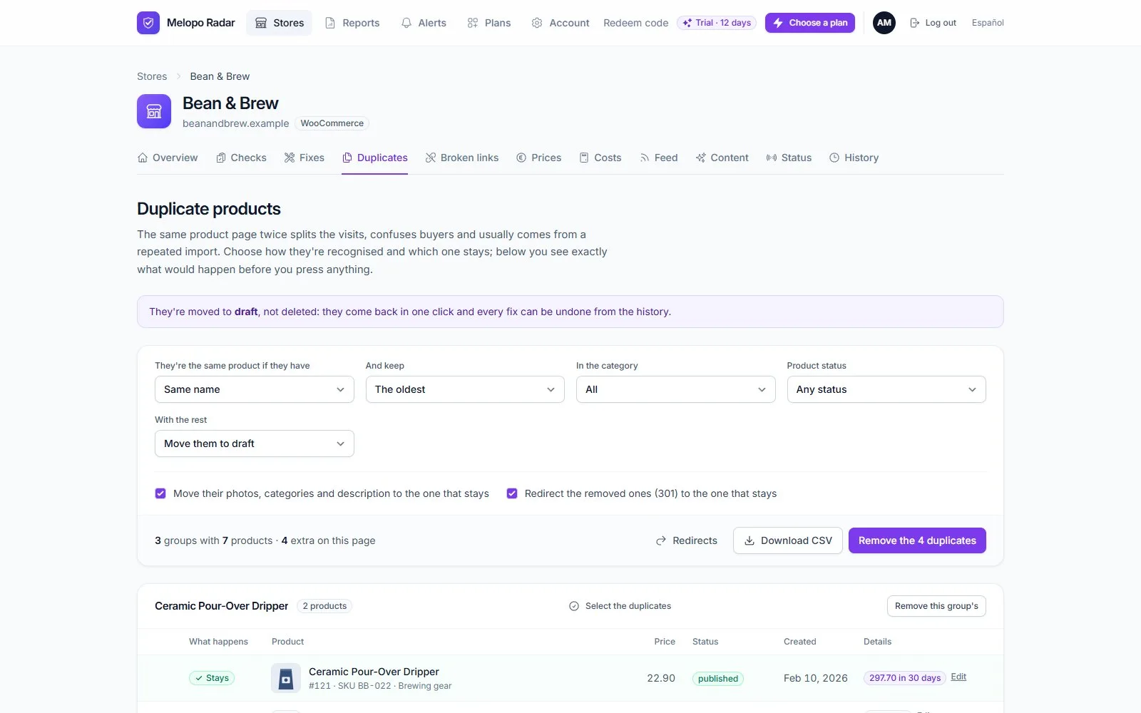 Duplicate products screen with options to move them to draft and redirect with a 301