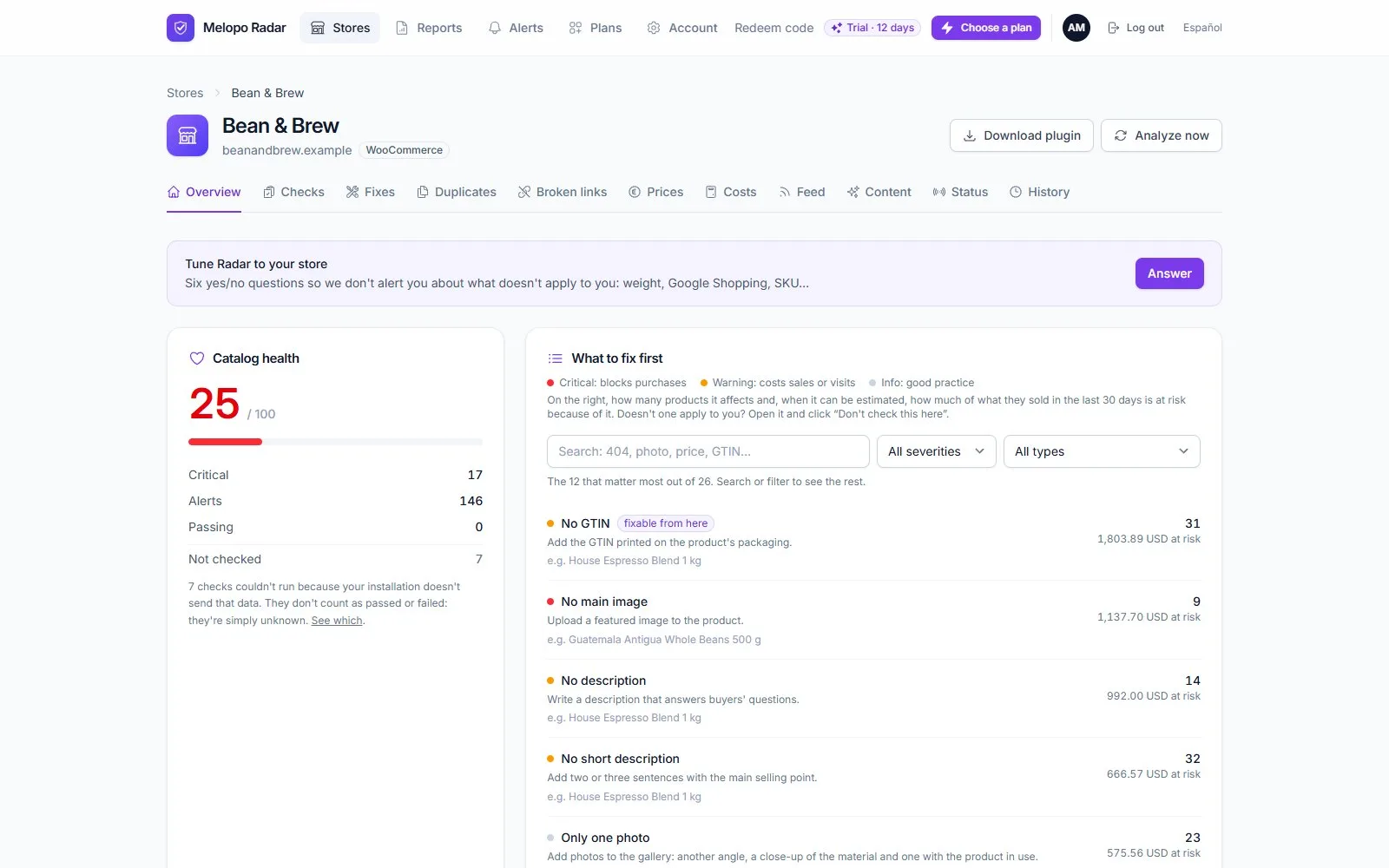 A store's overview in Melopo Radar: the catalog health score and the list of what to fix first
