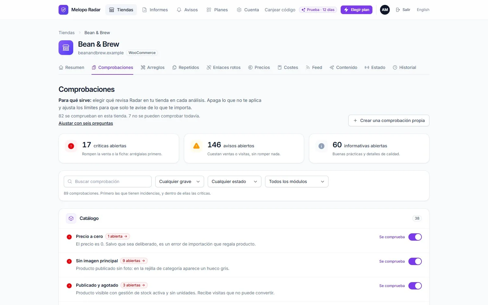 Pantalla de comprobaciones con las críticas, avisos e informativas abiertas