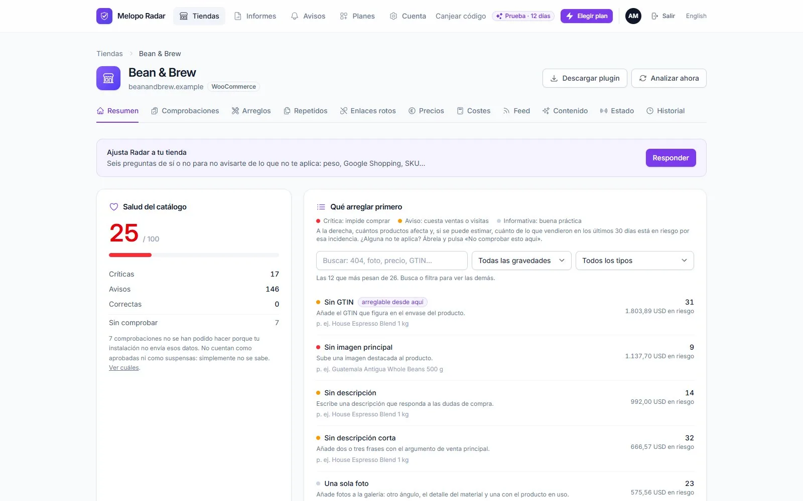 Resumen de una tienda en Melopo Radar: puntuaci&oacute;n de salud del cat&aacute;logo y lista de qu&eacute; arreglar primero