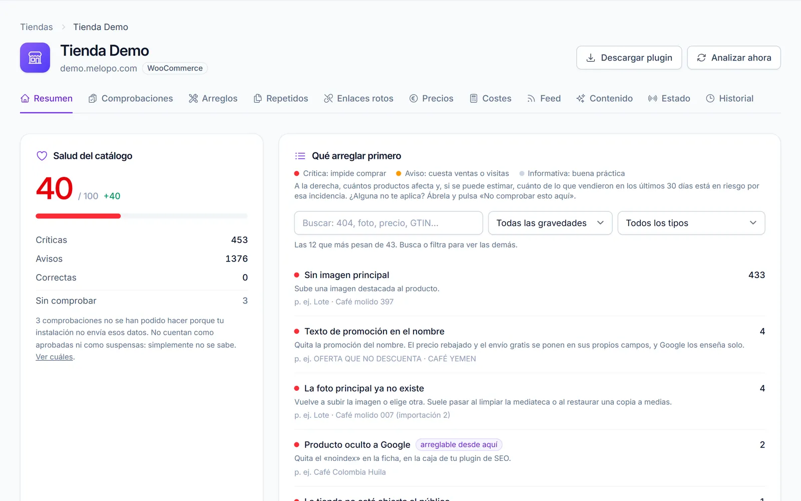 Resumen de una tienda en Melopo Radar: puntuaci&oacute;n de salud del cat&aacute;logo y lista de qu&eacute; arreglar primero